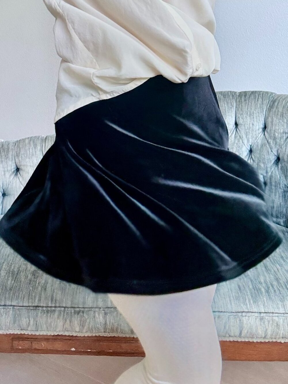 Vintage Black Velvet Skater Mini Skirt  Small Stretch Pull On